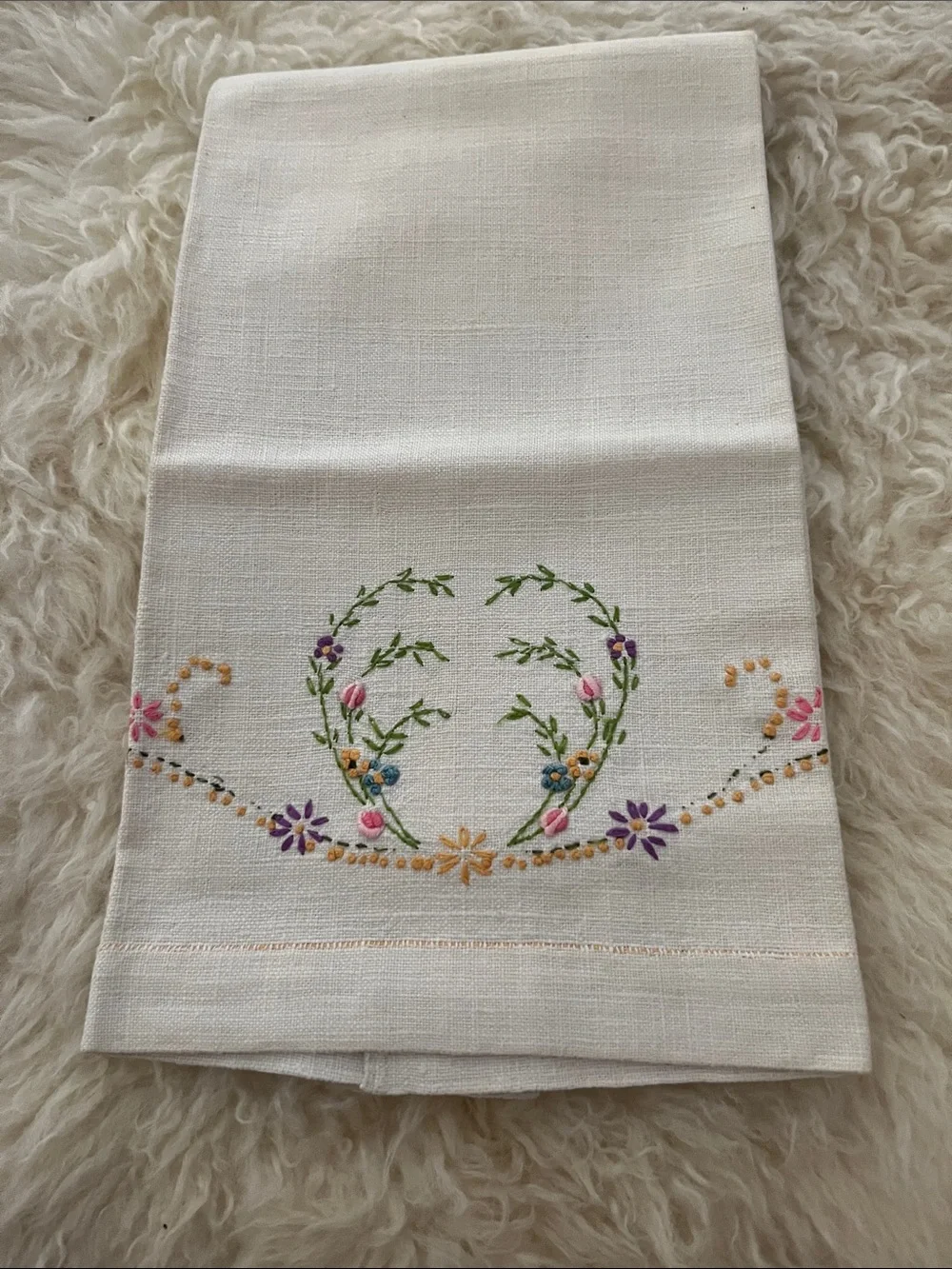 Embroidered Floral Linen Towel in White with Multicolor Flowers